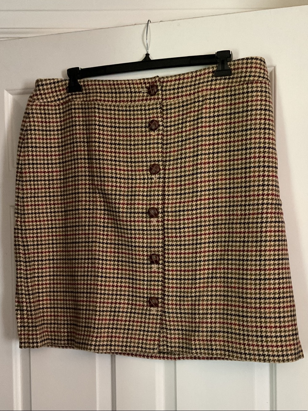 Talbots Houndstooth Wool Button-Front Skirt - Tan, Olive, Navy, Wine